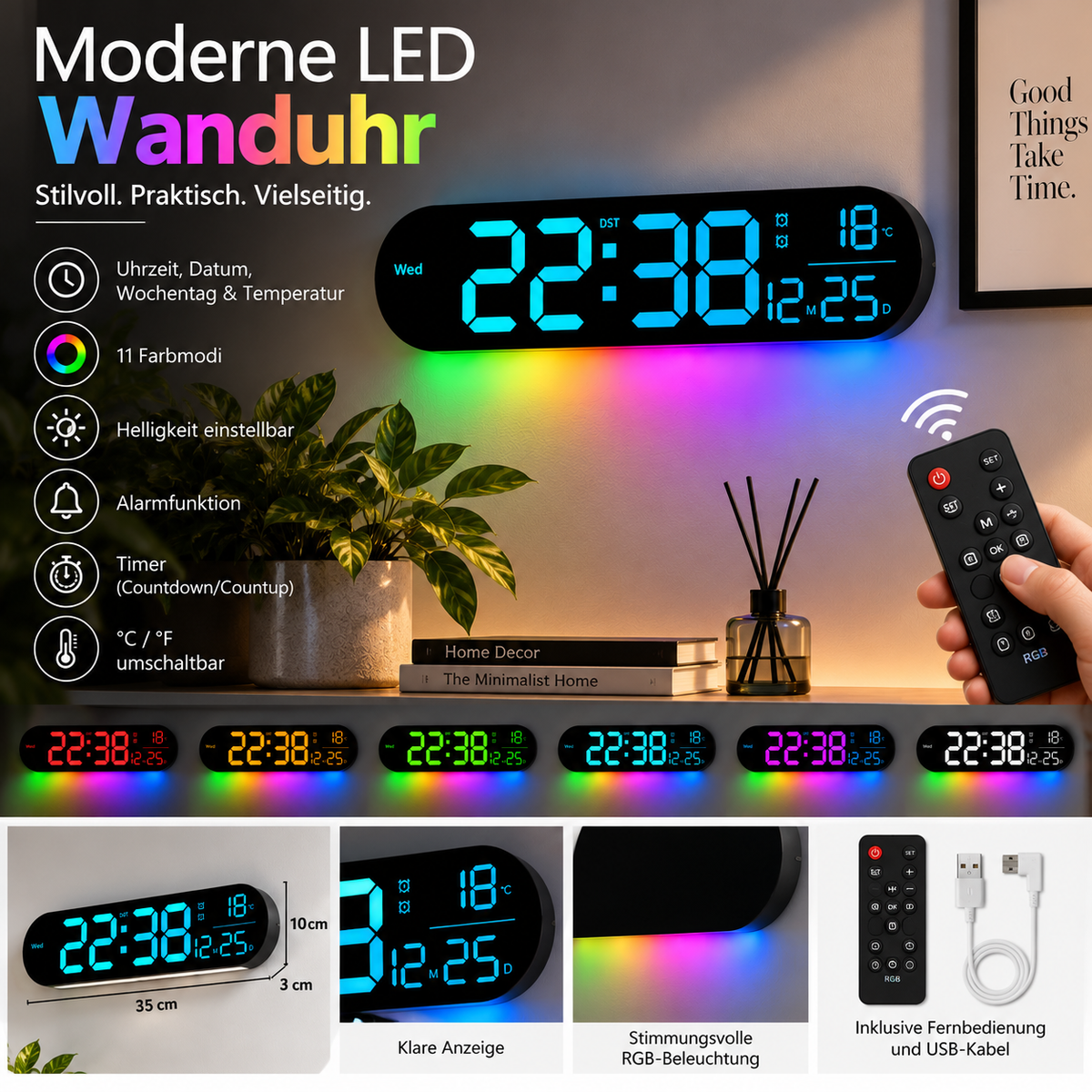 Digitale LED-Wanduhr mit farbiger Lichtoptik in einer Produktübersicht mit Funktionsangaben