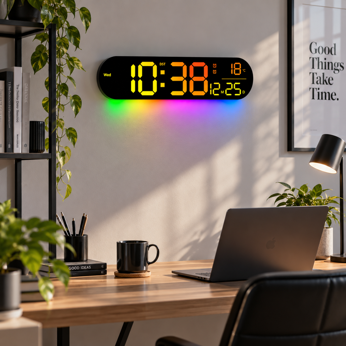 Digitale LED-Wanduhr mit farbiger Lichtoptik über einem Schreibtisch