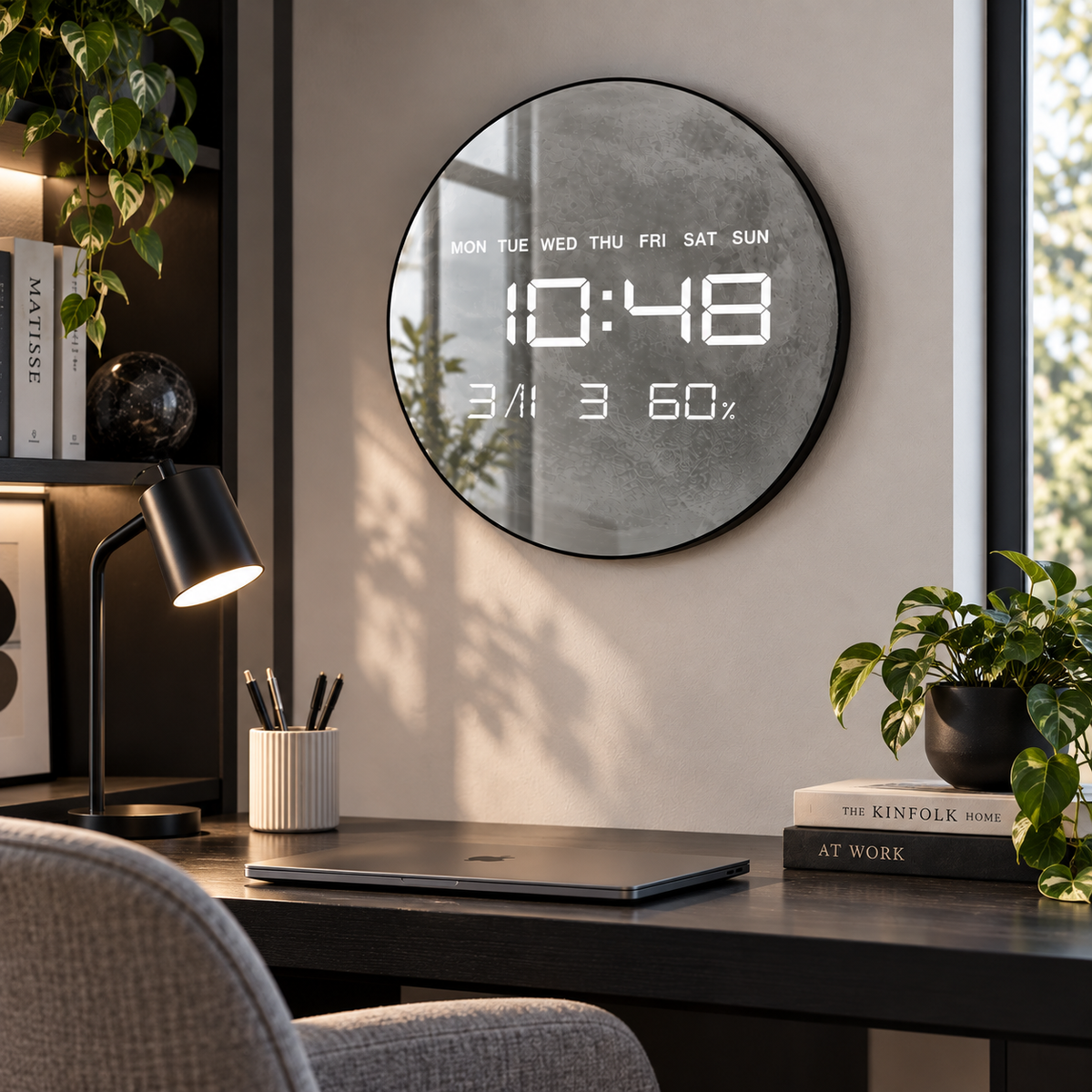 Digitale Wanduhr mit grauem Mondmotiv über einem Schreibtisch