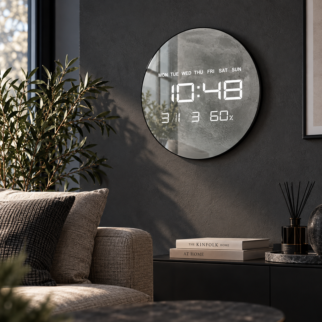 Digitale Wanduhr mit grauem Mondmotiv an einer dunklen Wand