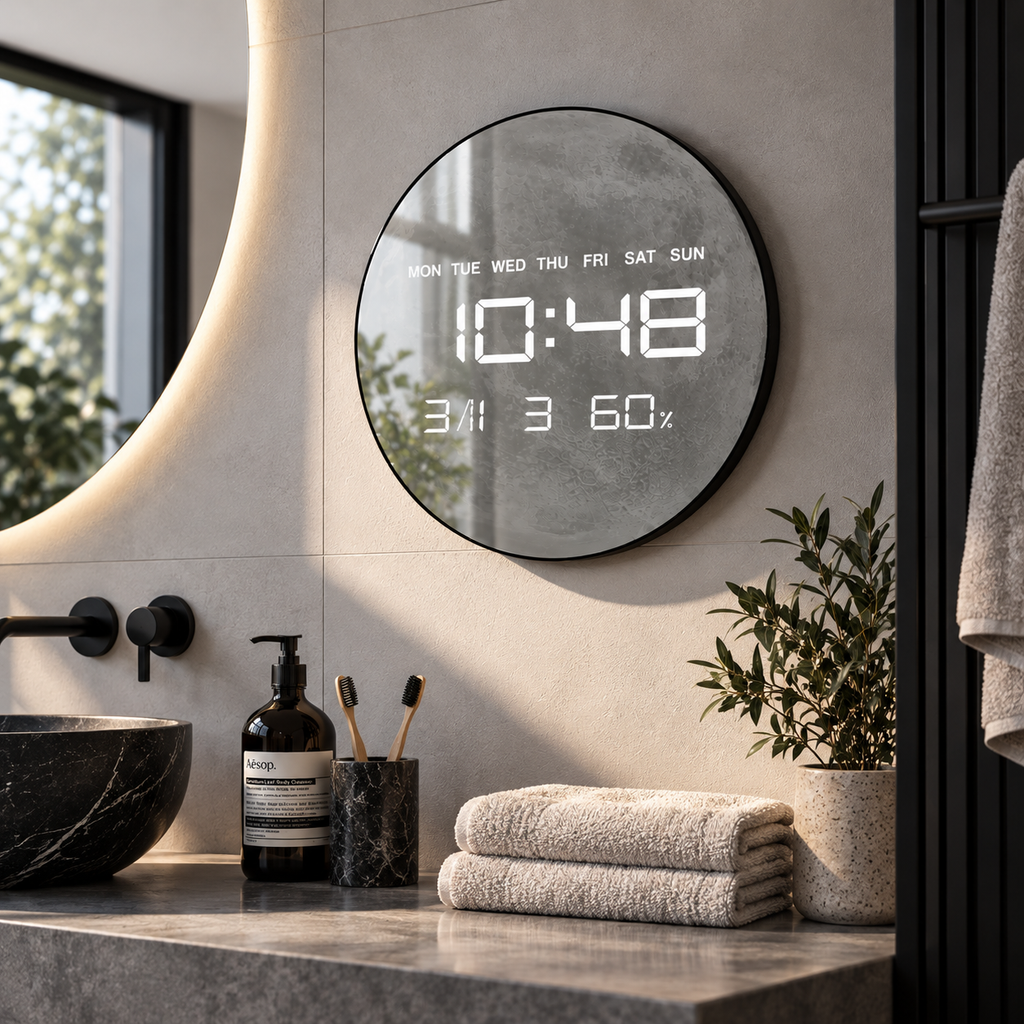 Digitale Wanduhr mit grauem Mondmotiv in einem Badezimmerambiente