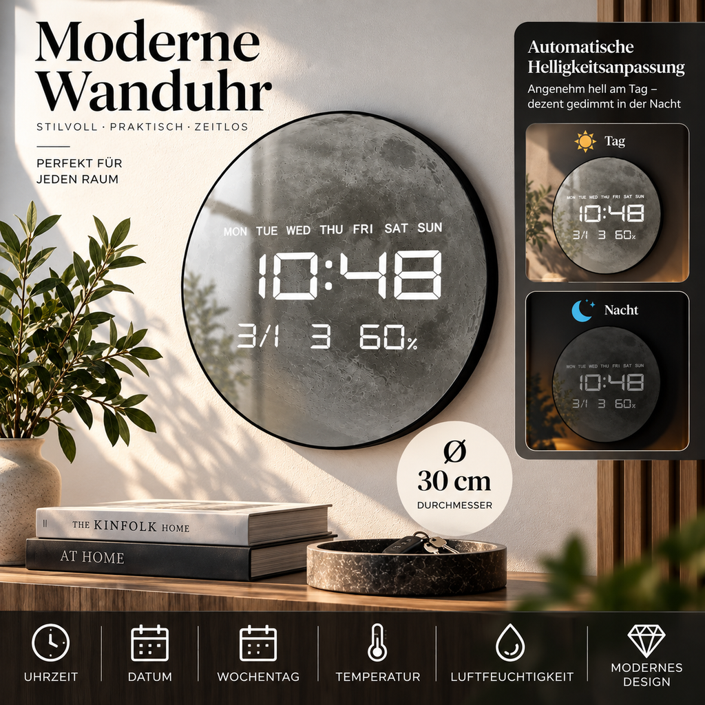 Digitale Wanduhr mit grauem Mondmotiv in einer Produktübersicht mit Funktionsangaben