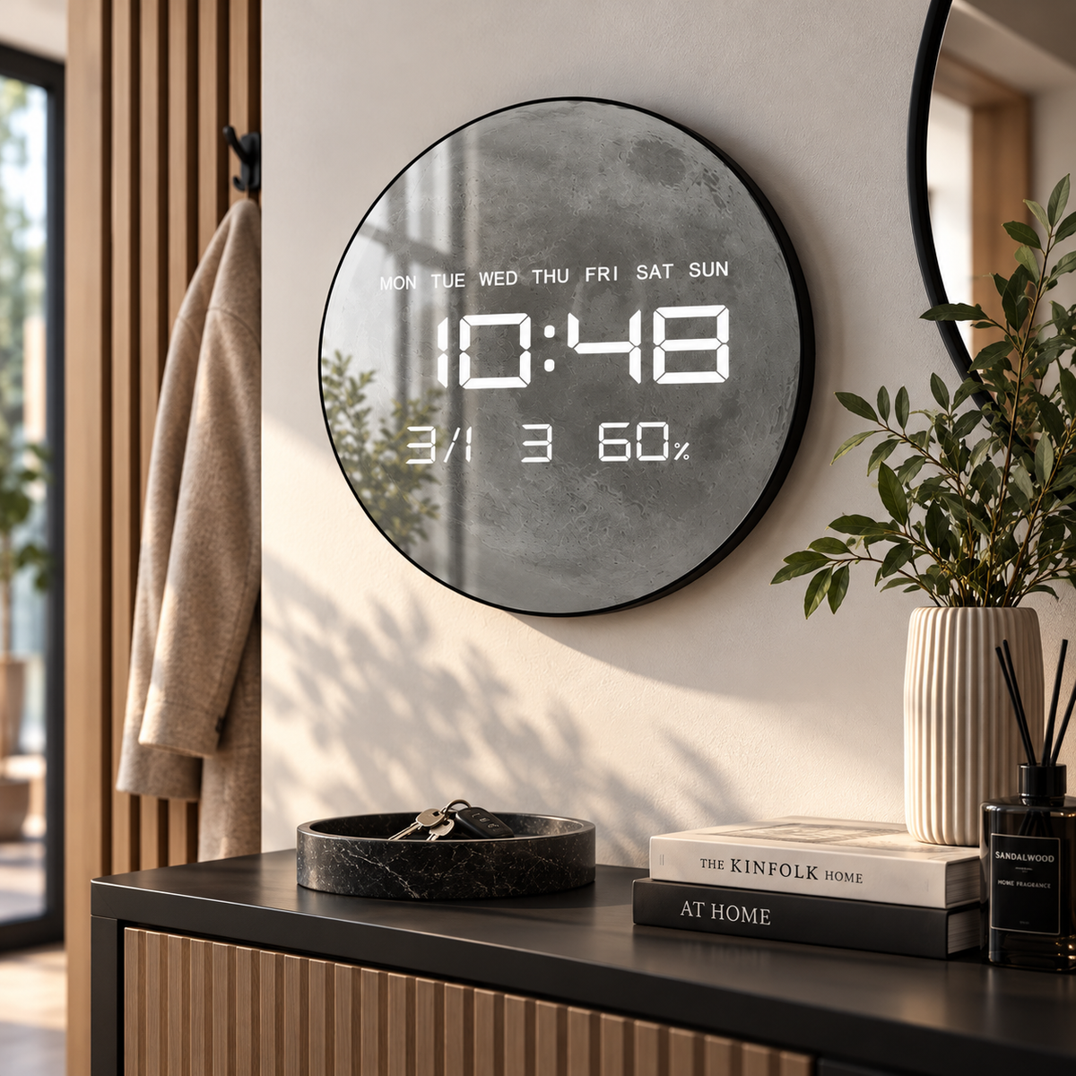 Digitale Wanduhr mit grauem Mondmotiv in einem hellen Wohnambiente