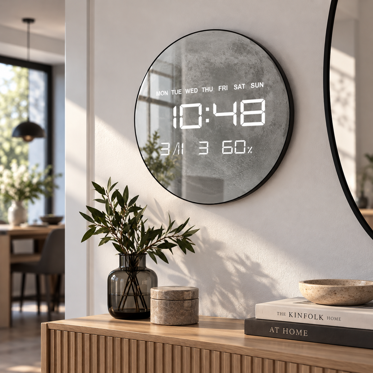 Digitale Wanduhr mit grauem Mondmotiv über einem Sideboard
