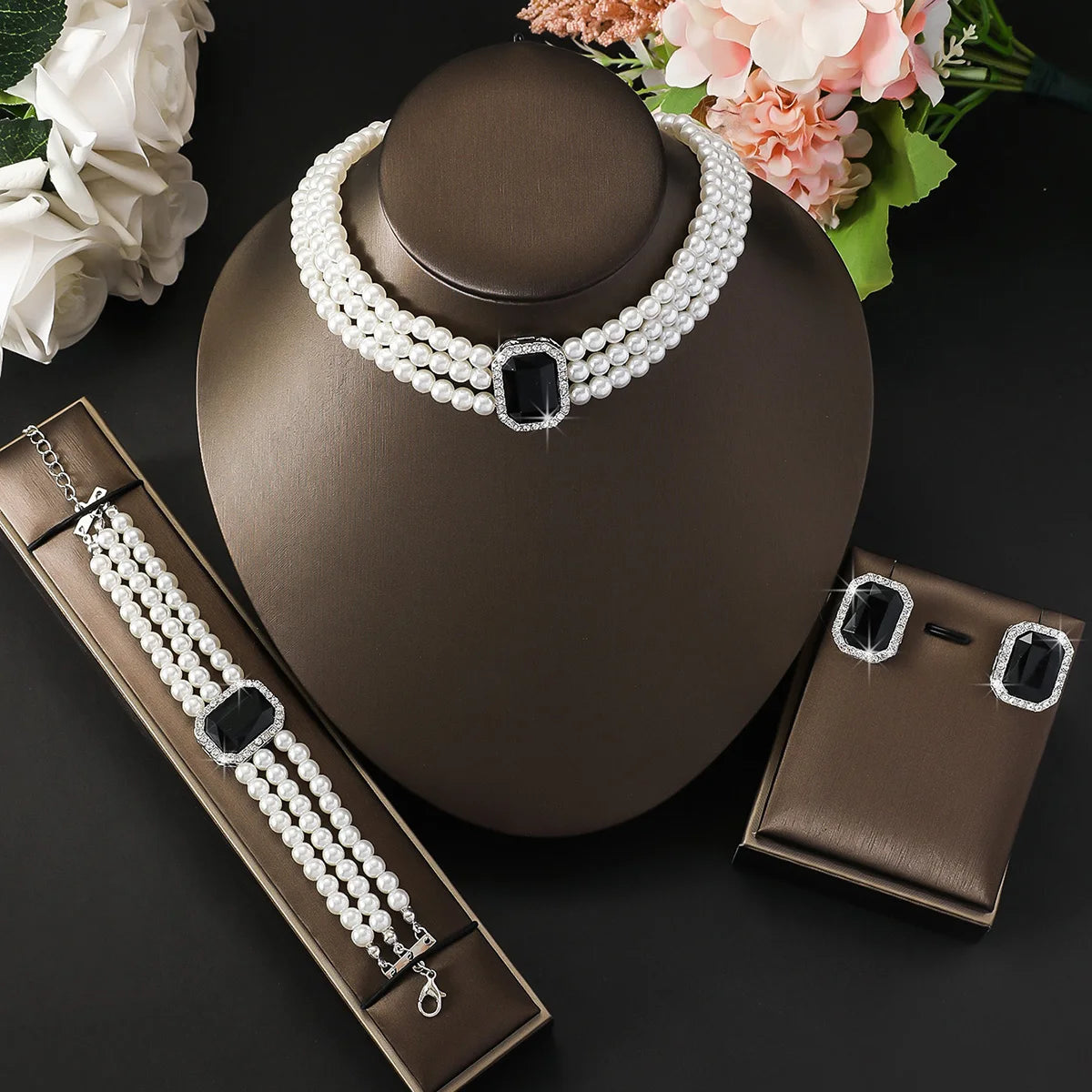 Elegantes Perlen-Schmuckset – 3-teilig (Halskette + Armband + Ohrringe) – Ideal für Hochzeiten & besondere Anlässe