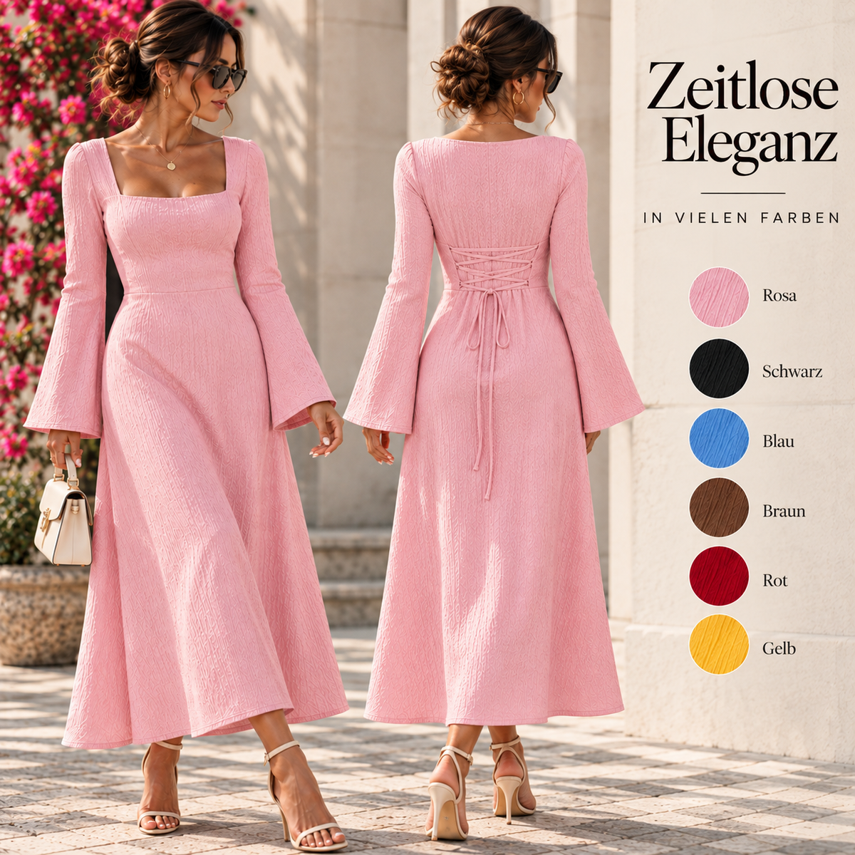 Geripptes Midikleid mit ausgestellten Ärmeln in Rosa in einer Farbübersicht