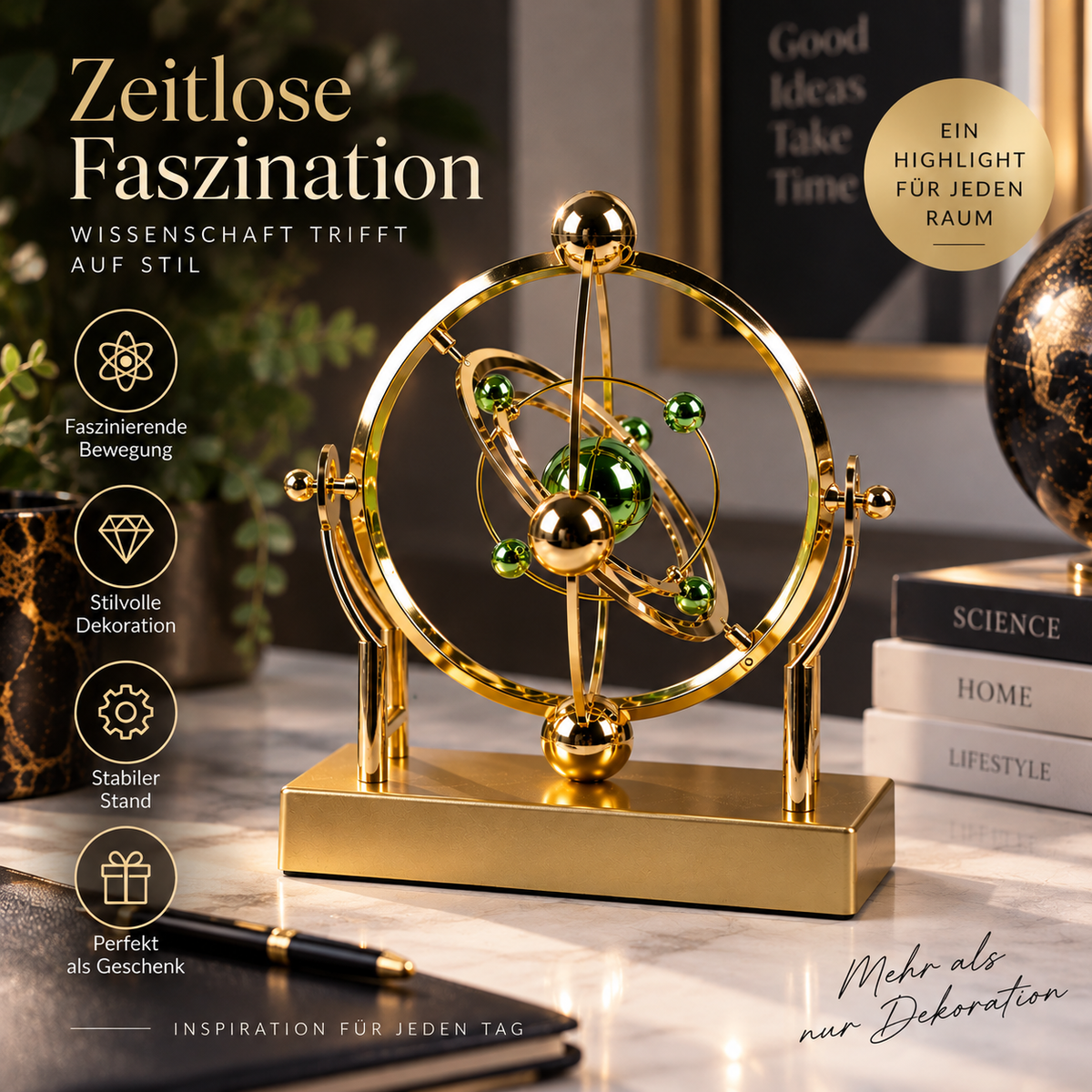 Goldfarbene Orbit-Tischdekoration mit grünen Details