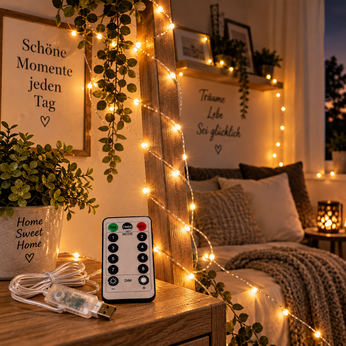 LED-Lichterkette mit warmweißem Licht und USB-Anschluss