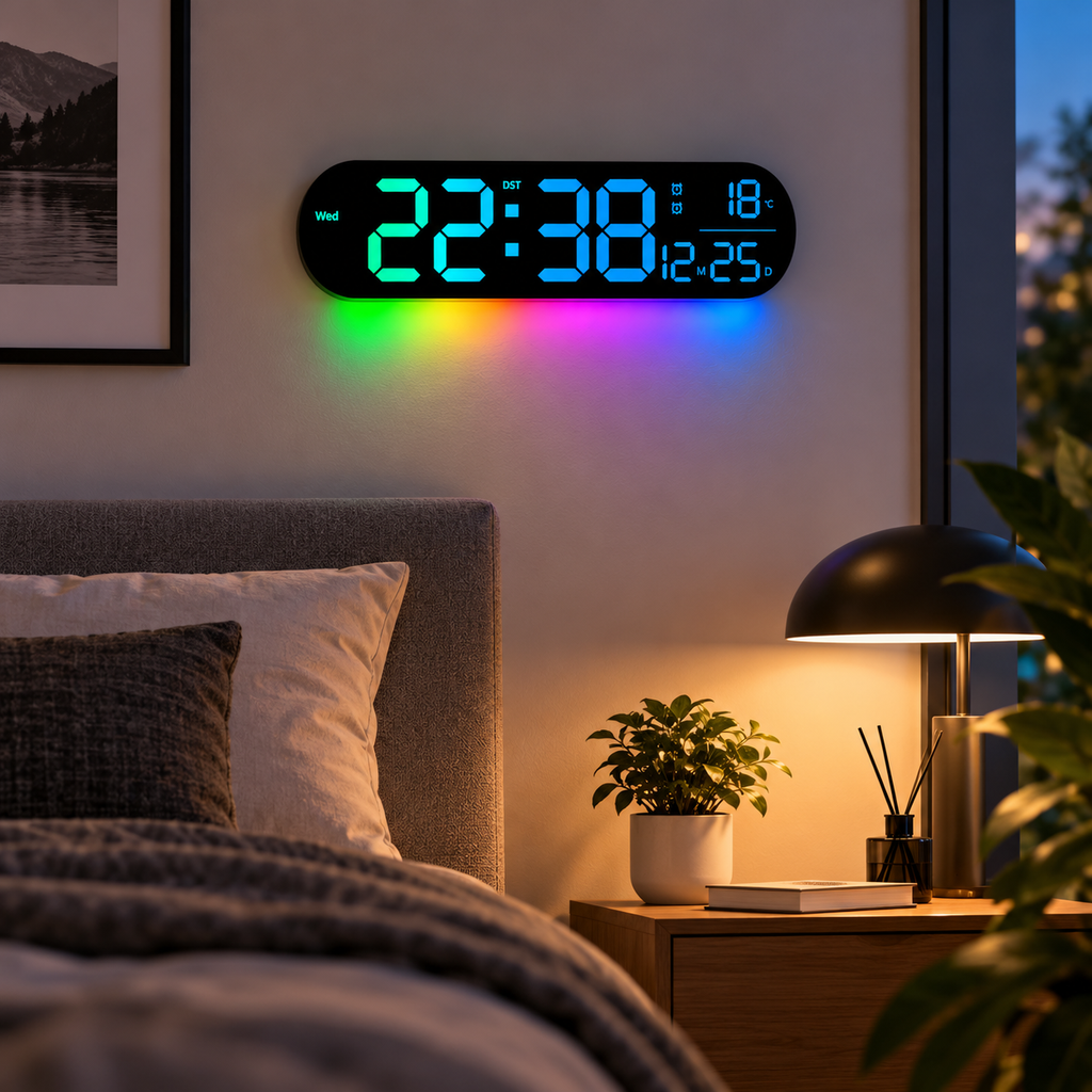 Digitale LED-Wanduhr mit farbiger Lichtoptik neben einem Bett