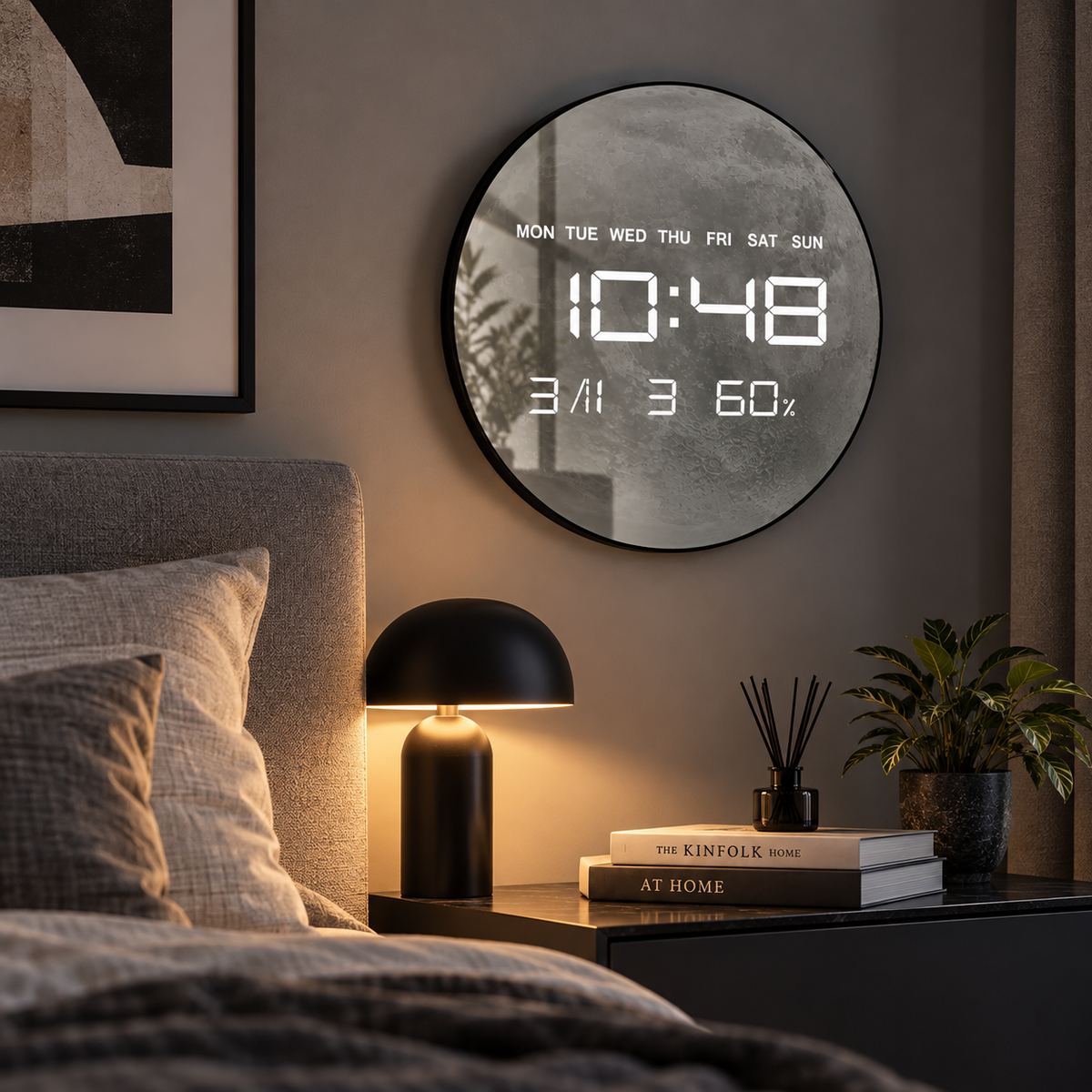 Digitale Wanduhr mit grauem Mondmotiv neben einem Bett
