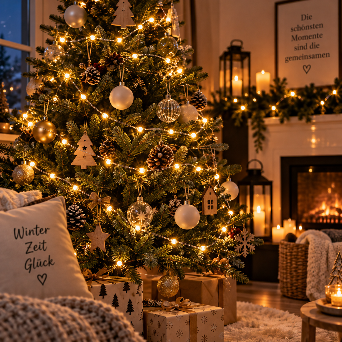 LED-Lichterkette mit warmweißem Licht am Weihnachtsbaum