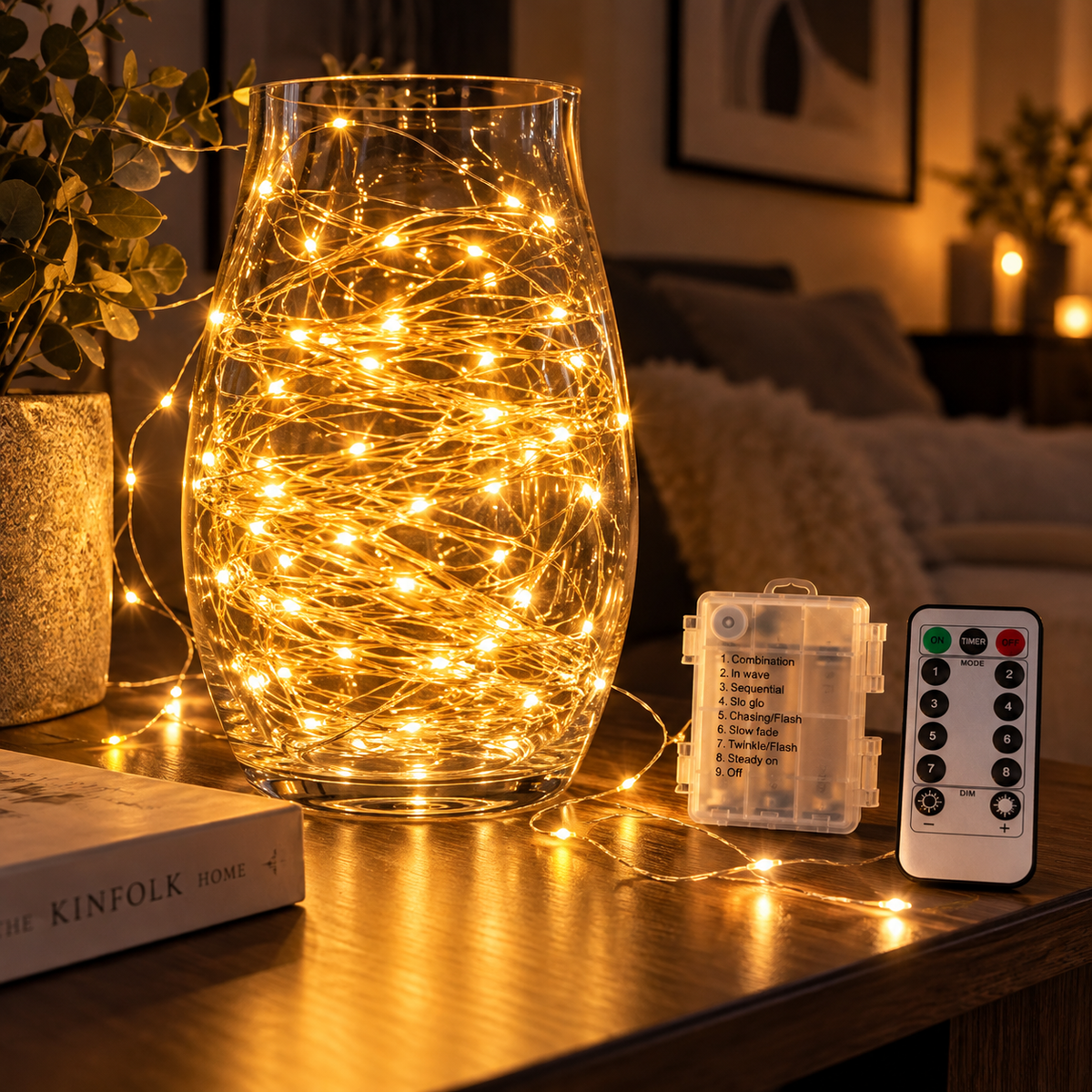 LED-Lichterkette mit warmweißem Licht, Batteriebox und Fernbedienung