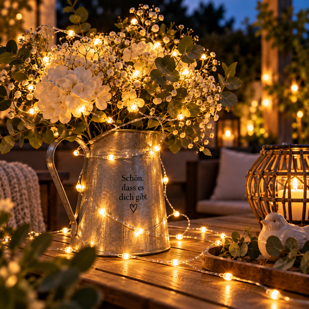 LED-Lichterkette mit warmweißem Licht in einer Blumenanordnung