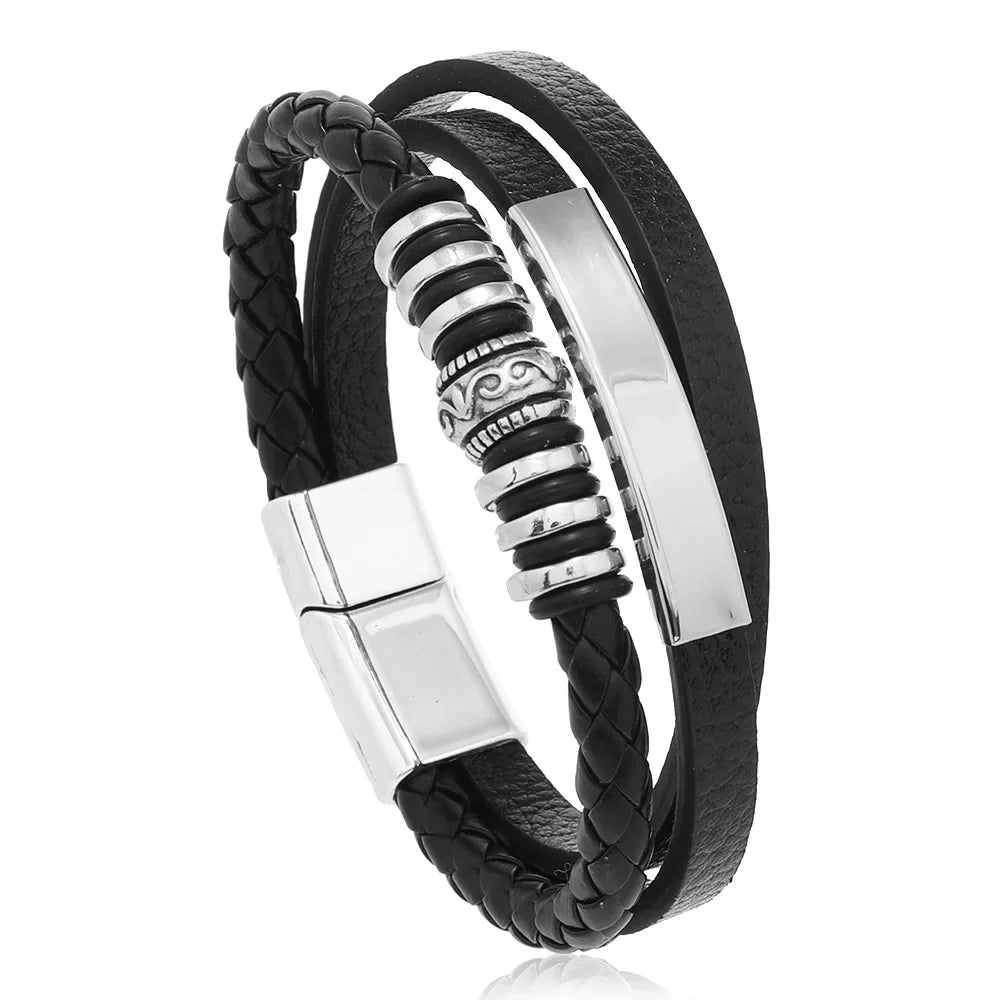 Mehrlagiges Lederarmband für Männer in Schwarz