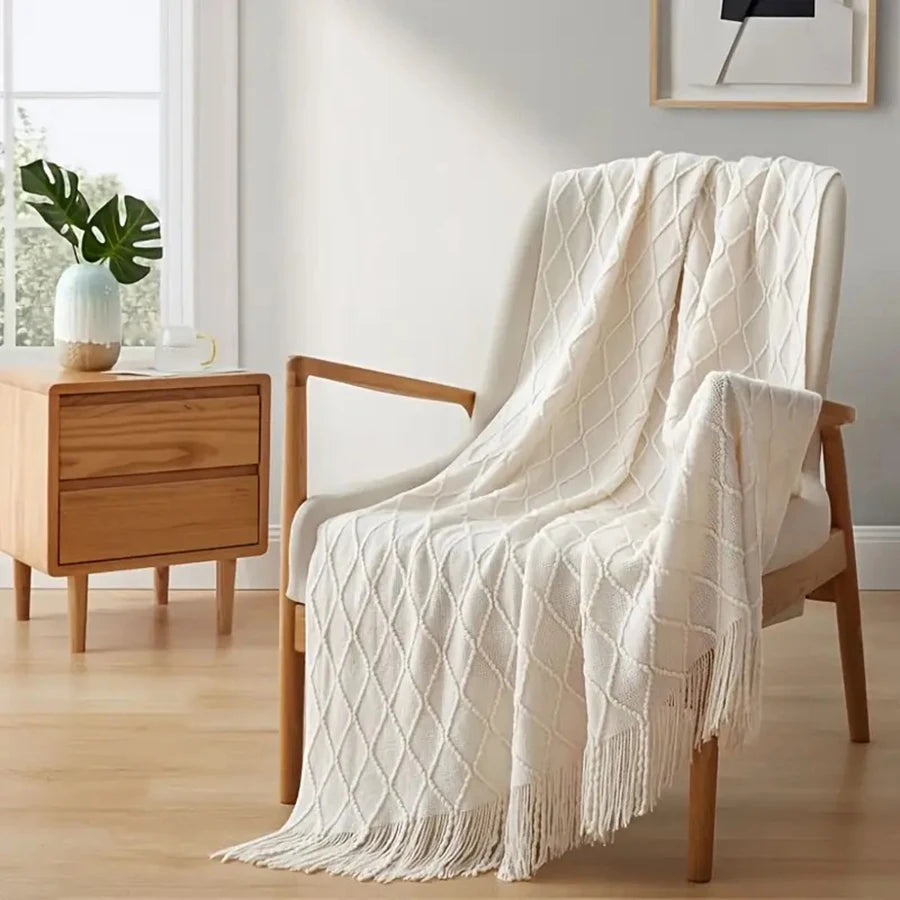 Luxuriöse Boho-Strickdecke Beige – Weiche Chunky-Kuscheldecke 172×127 cm | Vintage Wohn- & Sofaüberwurf