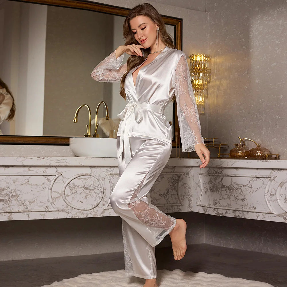Elegantes Satin-Pyjama-Set mit Spitzen-Details – 2-teiliges Lounge-Ensemble für Damen