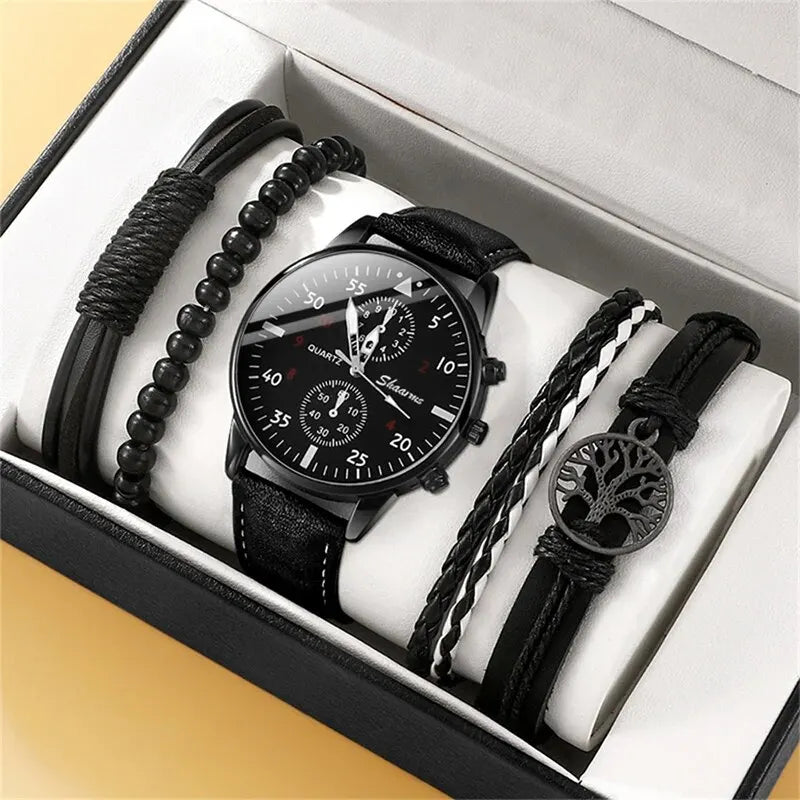 Luxuriöses Herren-Set: Lederuhr & 3 Armbänder – Eleganter Geschenk-Style für Business & Alltag