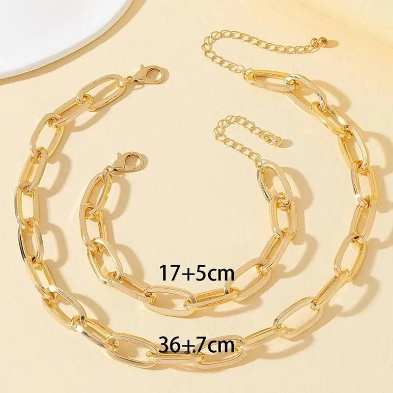 2-teiliges Schmuckset – Goldfarbene Ketten Halskette + Armband – Trendiger Chunky Chain Style – Damen Accessoire