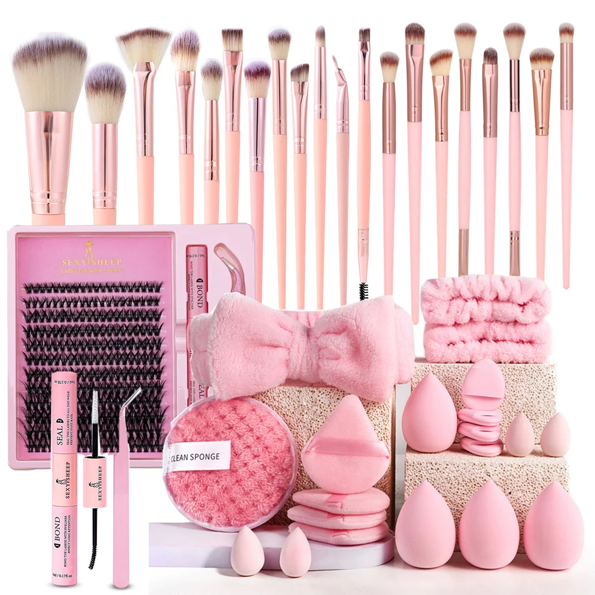 Ein wunderschönes roséfarbenes Make-up-Pinselset mit weichen Borsten und vielseitigen Accessoires – ideal für tägliche Beauty-Routinen.