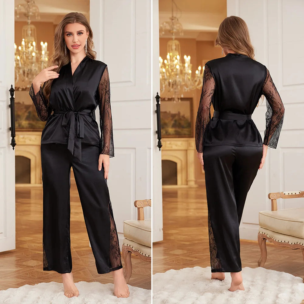 Elegantes Satin-Pyjama-Set mit Spitzen-Details – 2-teiliges Lounge-Ensemble für Damen