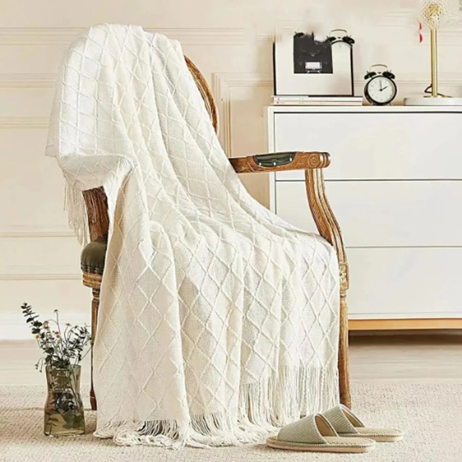 Luxuriöse Boho-Strickdecke Beige – Weiche Chunky-Kuscheldecke 172×127 cm | Vintage Wohn- & Sofaüberwurf