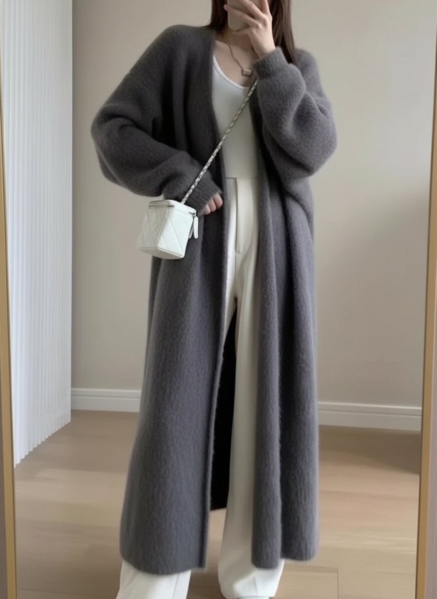 Damen langer Fleece-Mantel in Grau – weicher Wintermantel