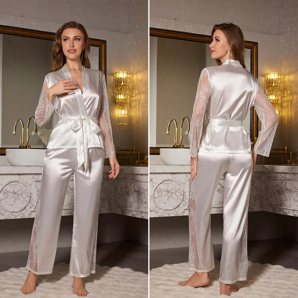 Elegantes Satin-Pyjama-Set mit Spitzen-Details – 2-teiliges Lounge-Ensemble für Damen