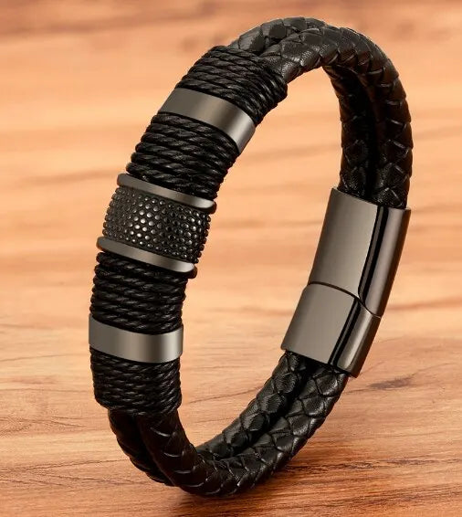 Vintage Lederarmband für Herren – Geflochtenes Design aus Edelstahl | Schwarzes & Silbernes Armband in 19–23 cm