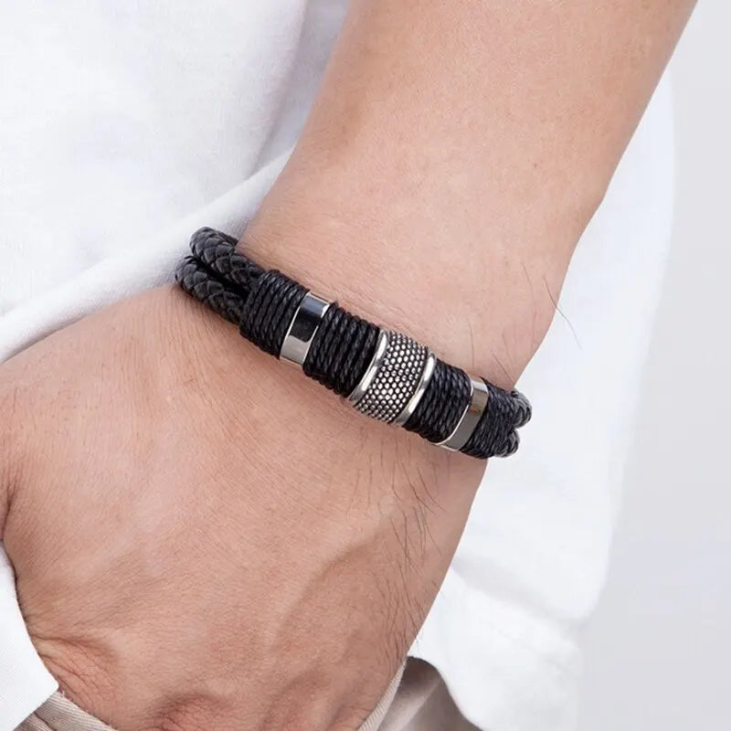 Vintage Lederarmband für Herren – Geflochtenes Design aus Edelstahl | Schwarzes & Silbernes Armband in 19–23 cm