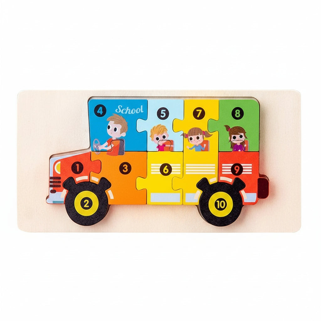 Robustes 3D-Holzpuzzle fördert Motorik & Logik – liebevoll gestaltete Tier- und Fahrzeugmotive.