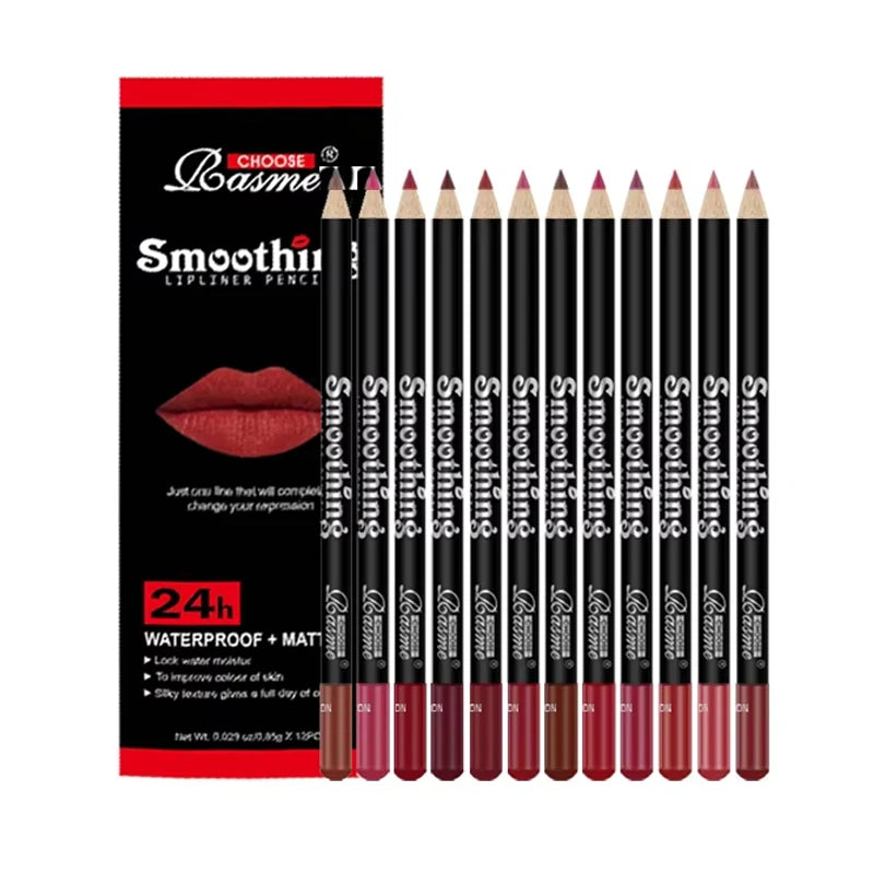 12-teiliges Lippenstift & Lipliner Set – Langanhaltend, Matt & Präzise (4 Farben)
