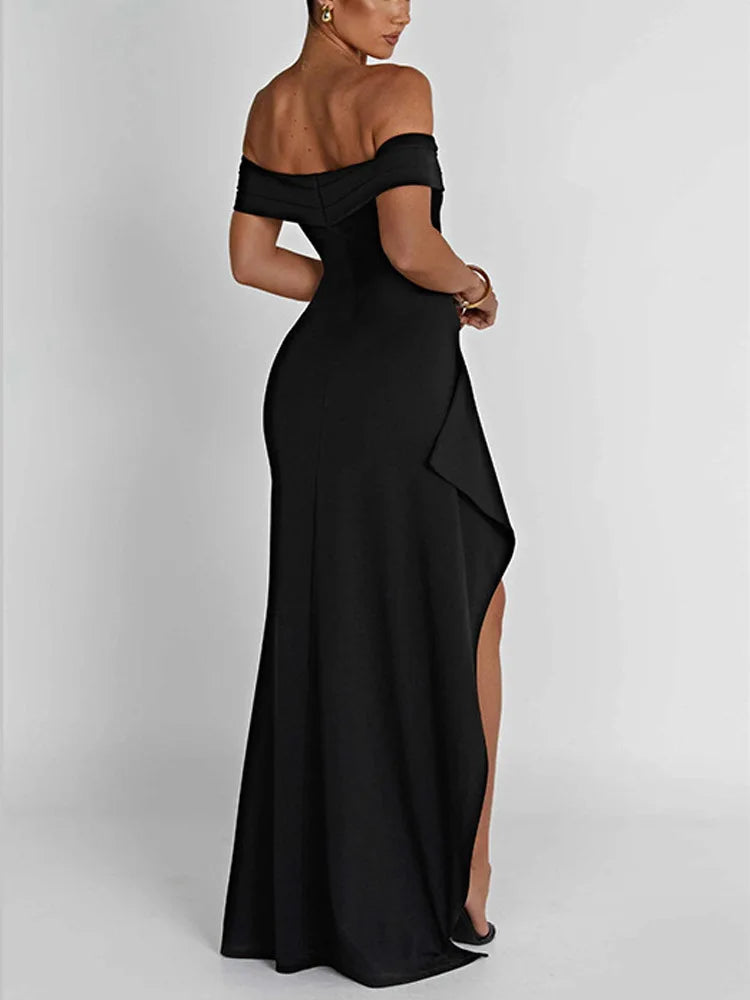 Elegantes Off-Shoulder Abendkleid mit Hohem Schlitz – Figurbetont & Modern Chic