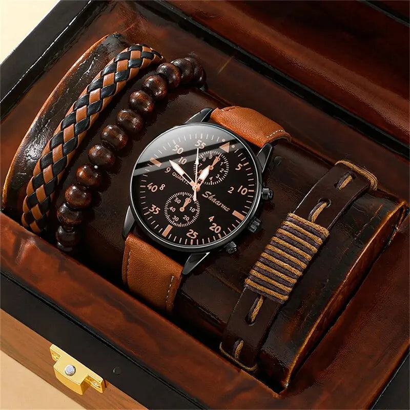 Luxuriöses Herren-Set: Lederuhr & 3 Armbänder – Eleganter Geschenk-Style für Business & Alltag