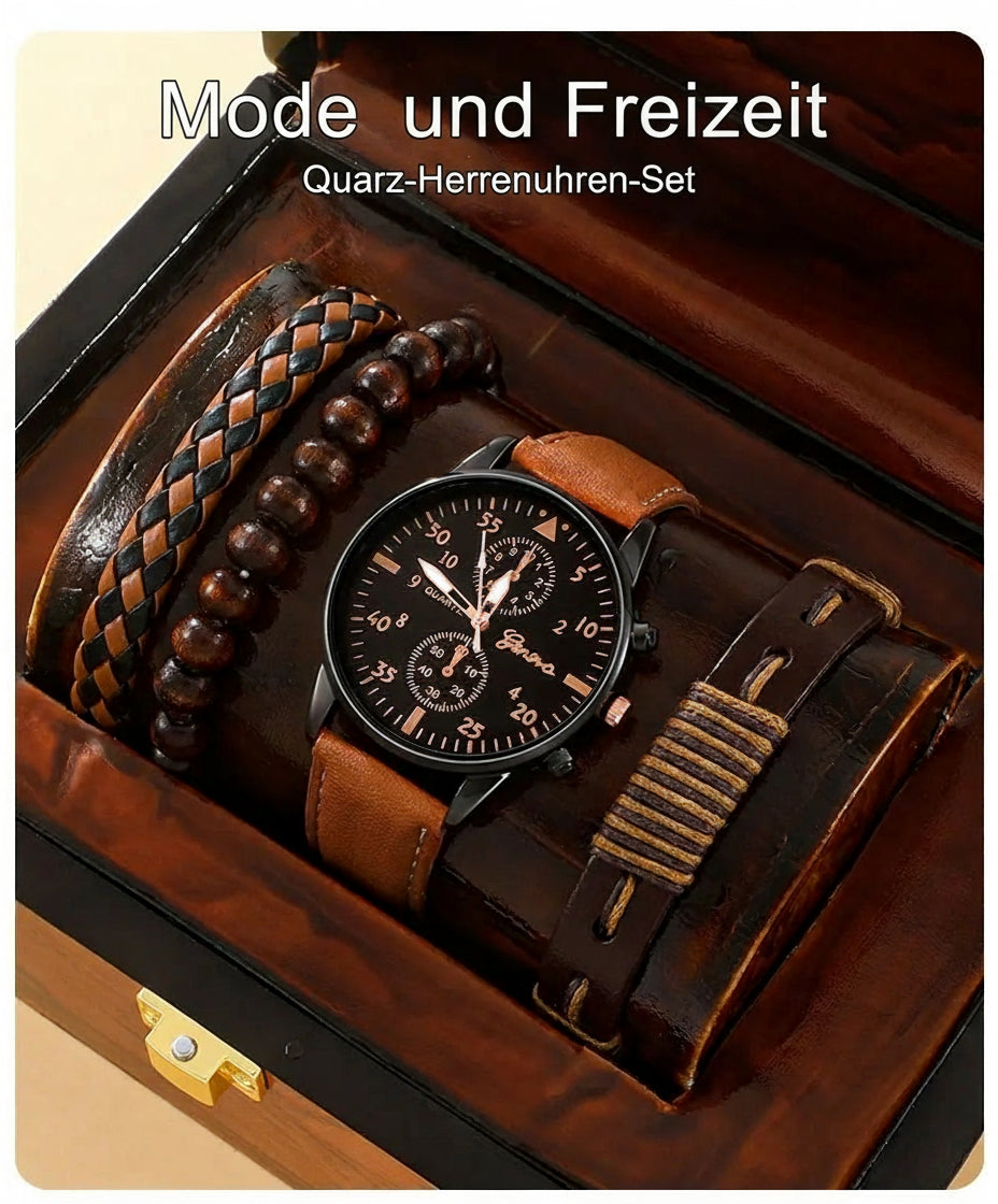 Luxuriöses Herren-Set: Lederuhr & 3 Armbänder – Eleganter Geschenk-Style für Business & Alltag