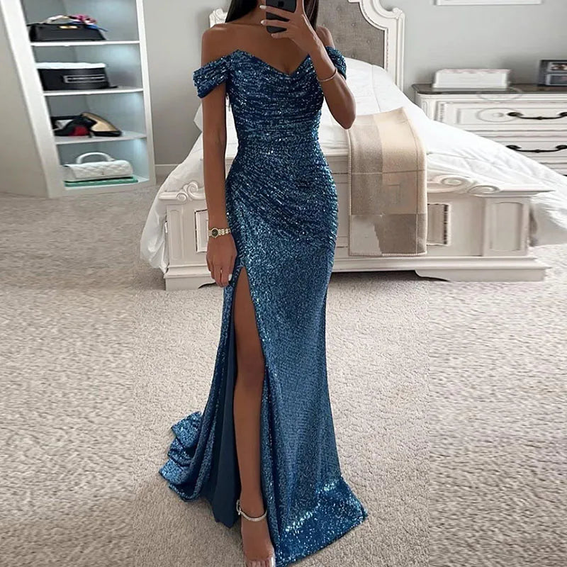 Elegantes Off-Shoulder Abendkleid – Glitzerndes Maxi Dress mit hohem Schlitz | Slim Fit Gala- & Party Kleid