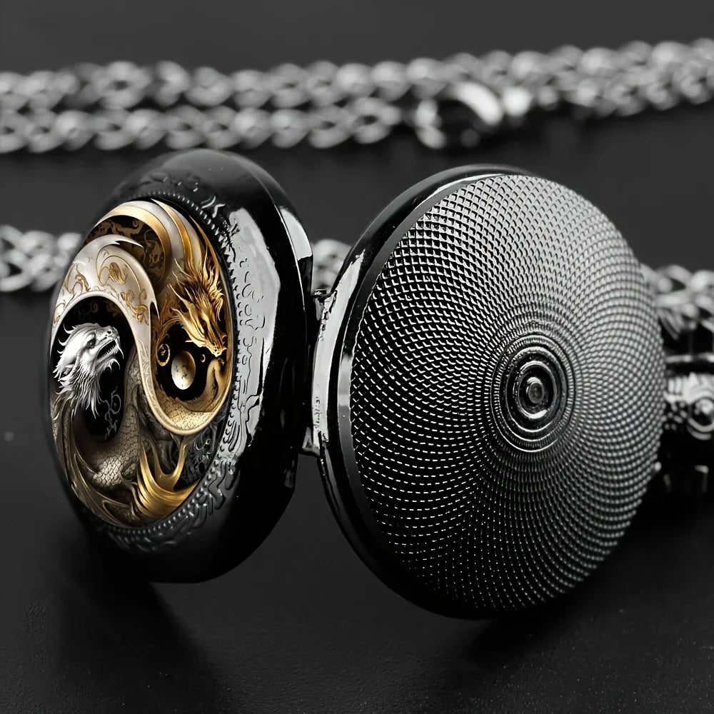 Vintage Herren & Damen Taschenuhr – Doppel Drachen, Schwarz & Gold (Retro Quarz)