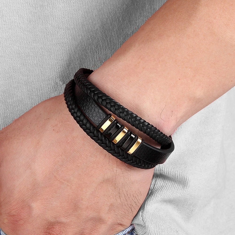 Herren-Armband „Axton“ – Lederarmband mit Edelstahl-Elementen (Magnetverschluss)