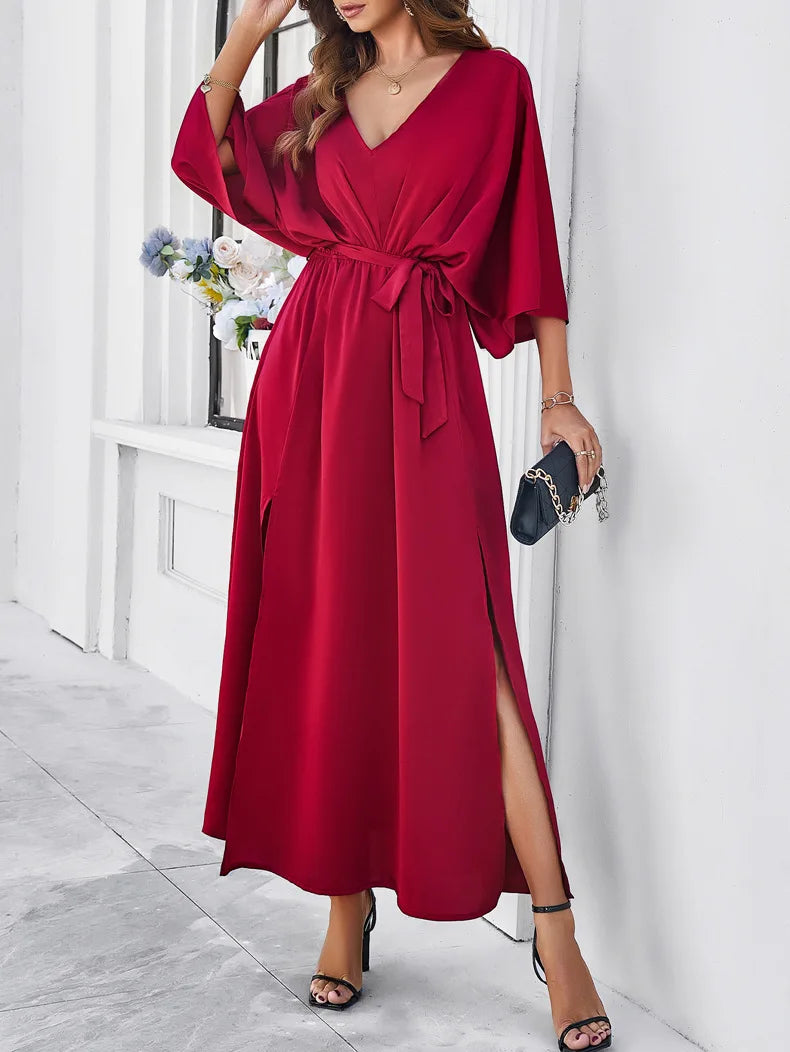 Elegantes Satin-Maxikleid mit V-Ausschnitt & Bindegürtel – Luxus-Look für Besondere Anlässe