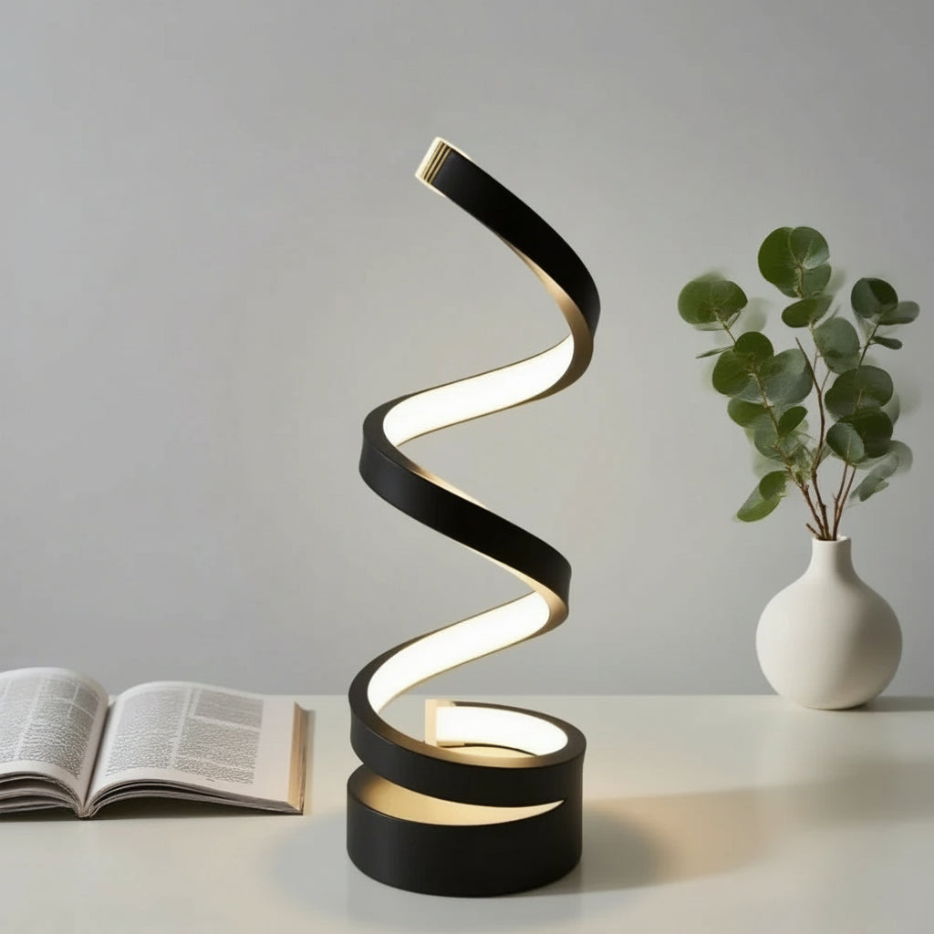 LED Spiral Table Lamp – Dimmable &amp; Modern – Black