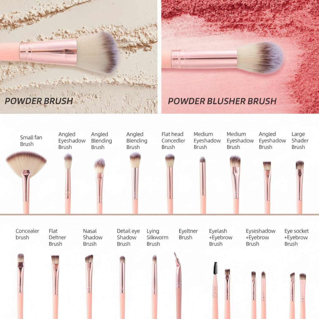 Ein wunderschönes roséfarbenes Make-up-Pinselset mit weichen Borsten und vielseitigen Accessoires – ideal für tägliche Beauty-Routinen.