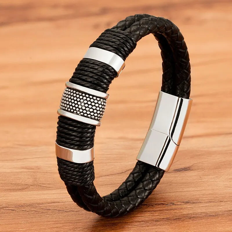 Vintage Lederarmband für Herren – Geflochtenes Design aus Edelstahl | Schwarzes & Silbernes Armband in 19–23 cm