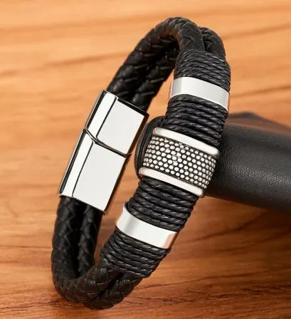 Vintage Lederarmband für Herren – Geflochtenes Design aus Edelstahl | Schwarzes & Silbernes Armband in 19–23 cm