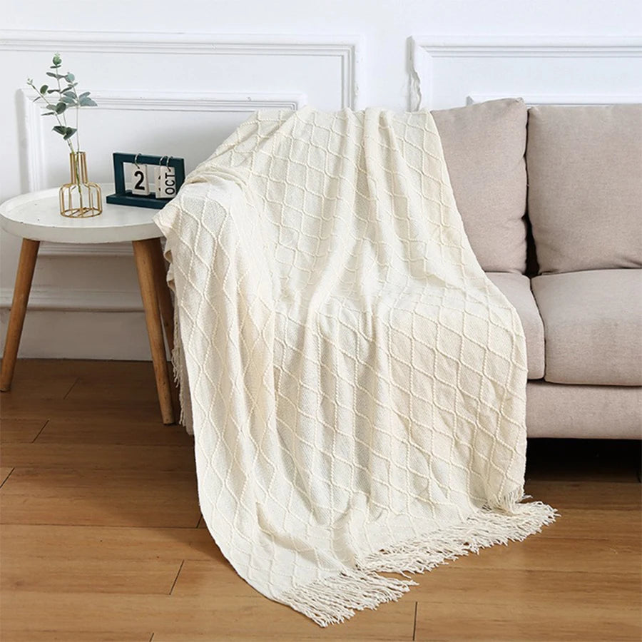 Luxuriöse Boho-Strickdecke Beige – Weiche Chunky-Kuscheldecke 172×127 cm | Vintage Wohn- & Sofaüberwurf