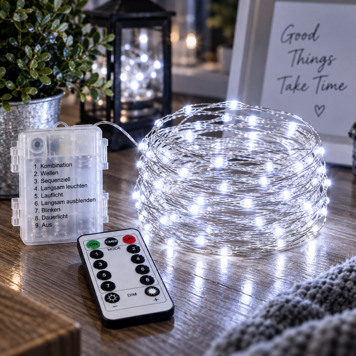 LED-Lichterkette mit weißem Licht, Batteriebox und Fernbedienung