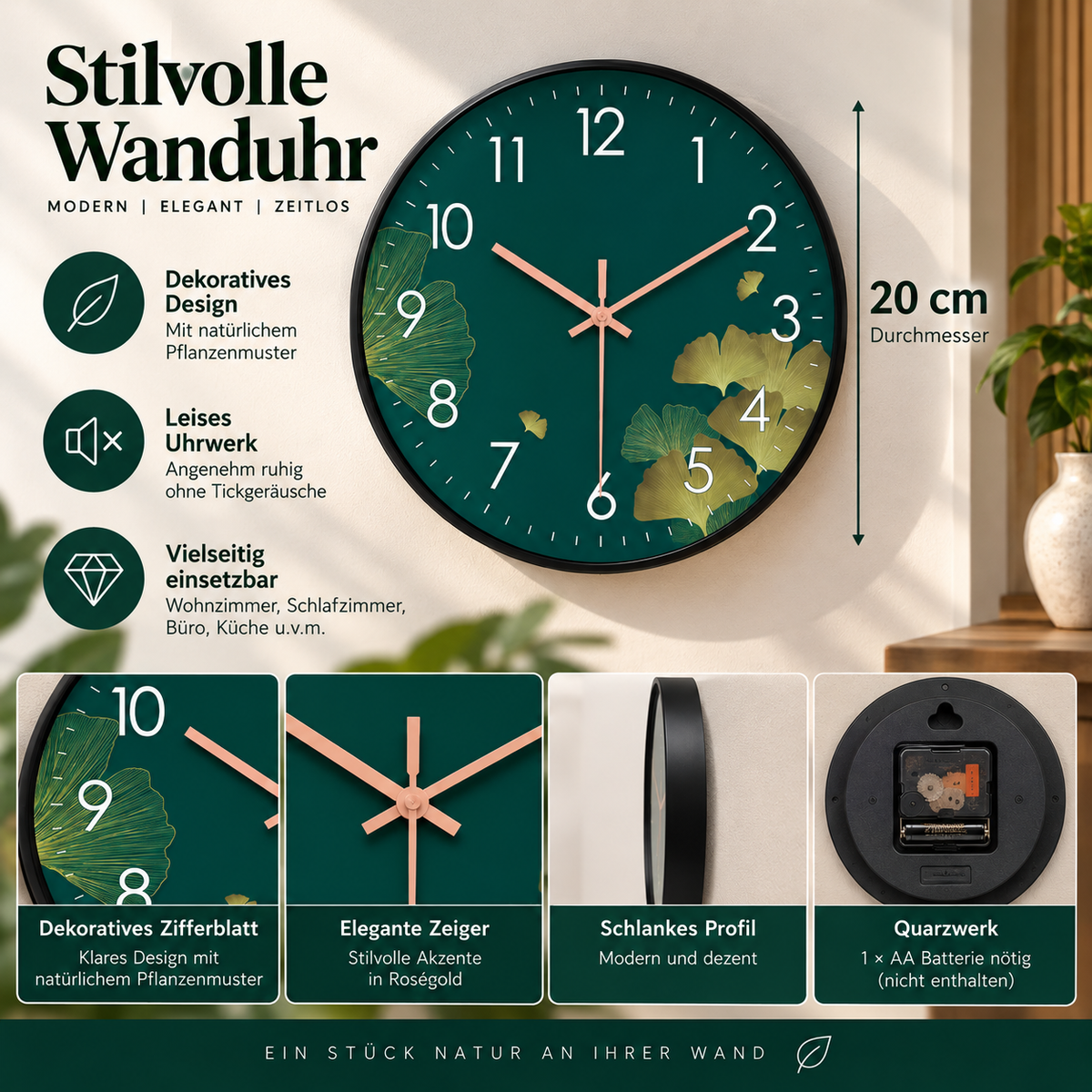 Grüne Wanduhr mit Ginkgomotiv in einer Produktübersicht