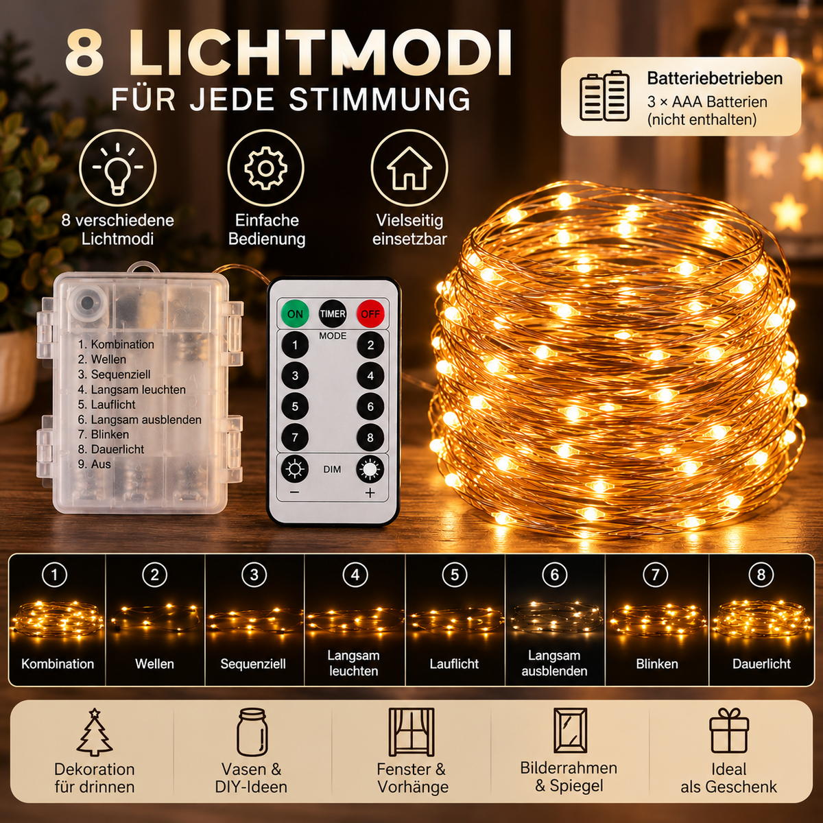 LED-Lichterkette in einer Grafik zu Lichtmodi
