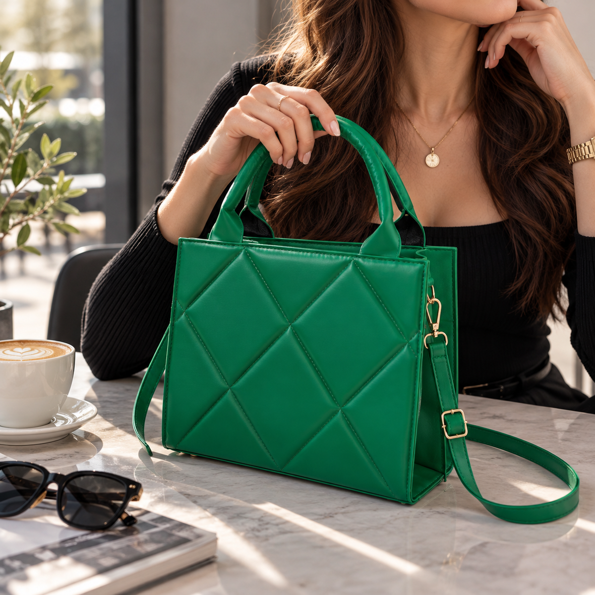 Handtasche mit Rautenmuster in Grün, Vorderansicht