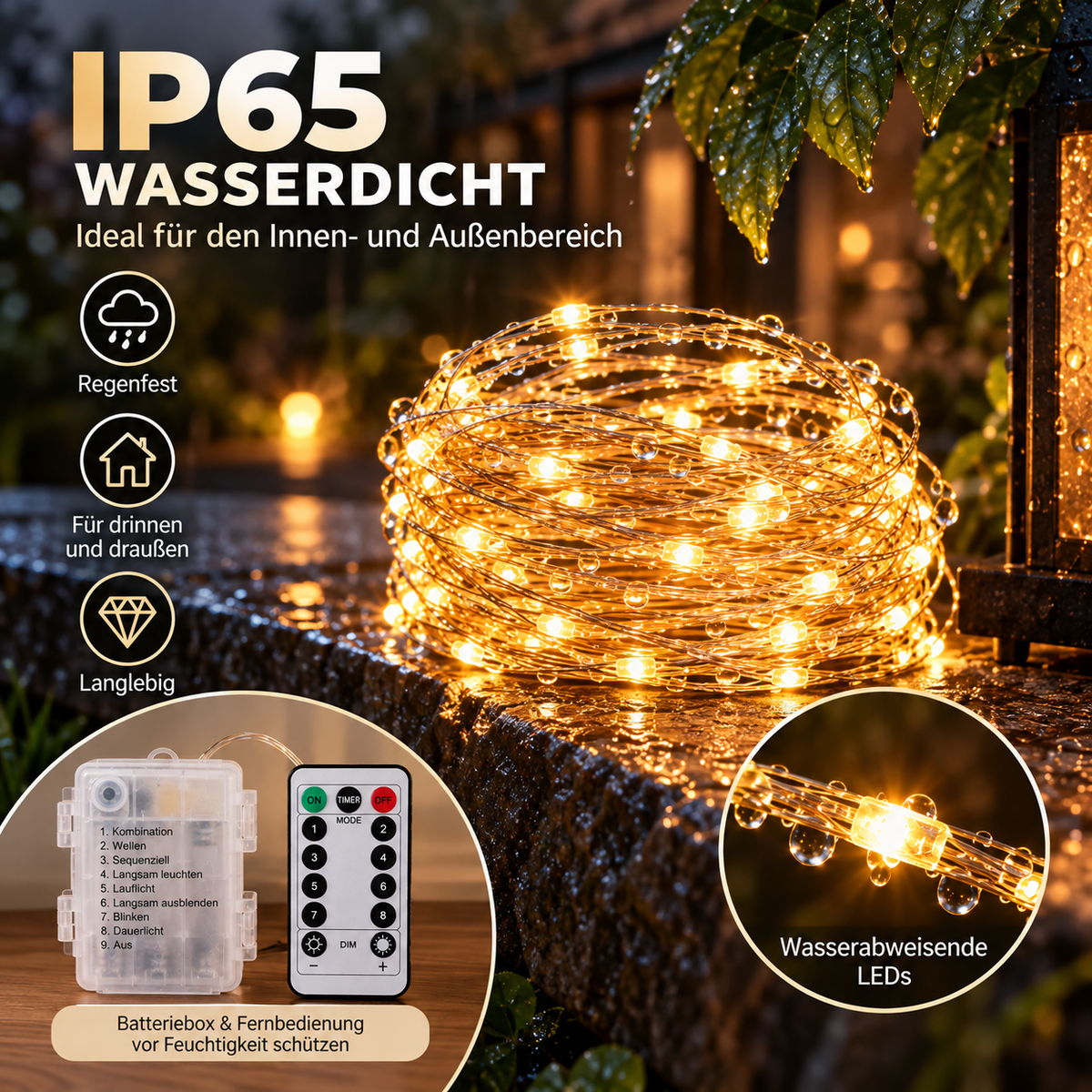 LED-Lichterkette in einer Grafik mit Schutzart-Angabe