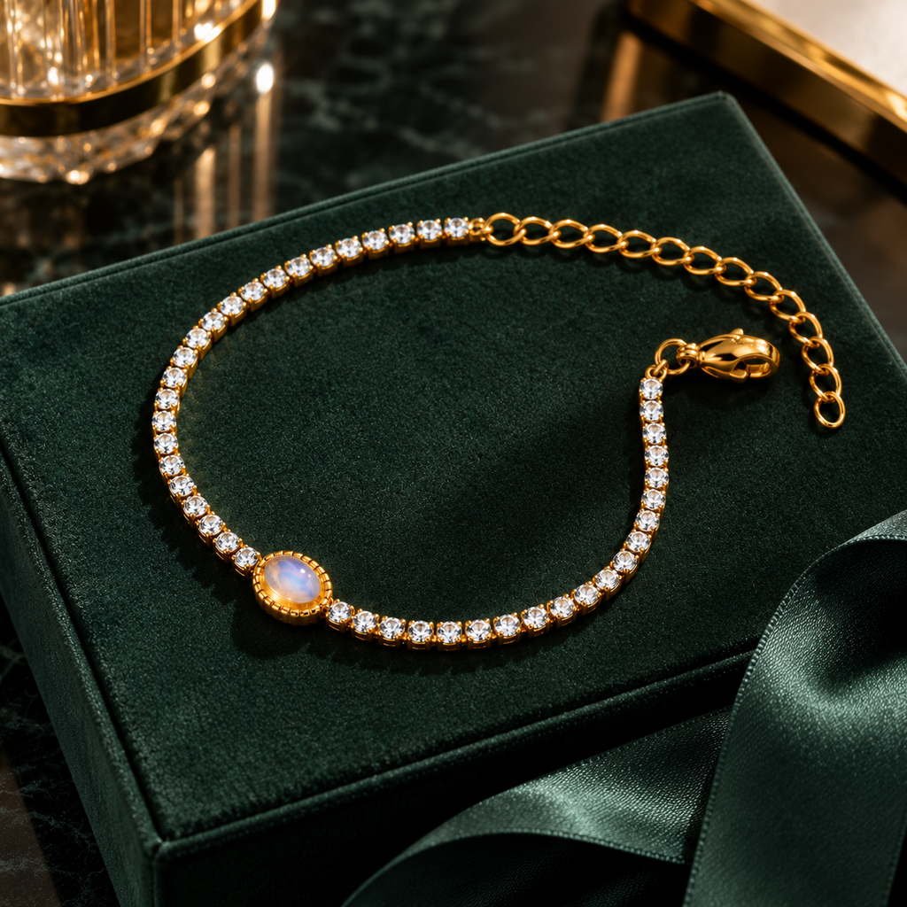 Goldfarbenes Armband mit rundem, hell schimmerndem Schmuckelement auf dunkelgrünem Stoff