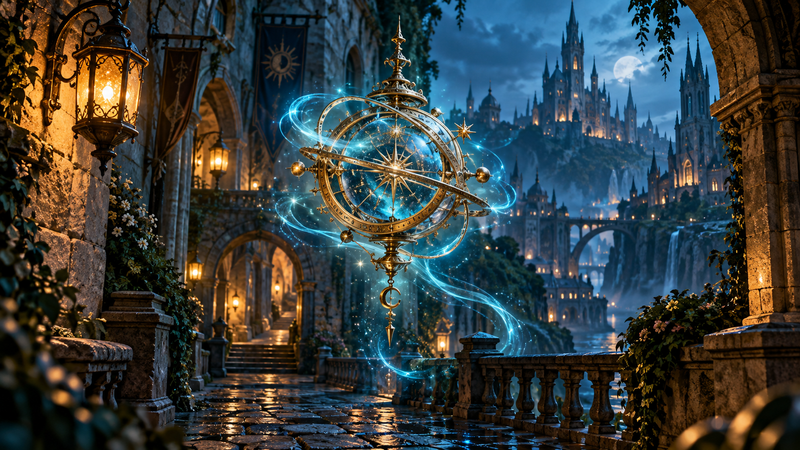 Magische Stadt mit blau leuchtendem Astrolabium – ETERIS
